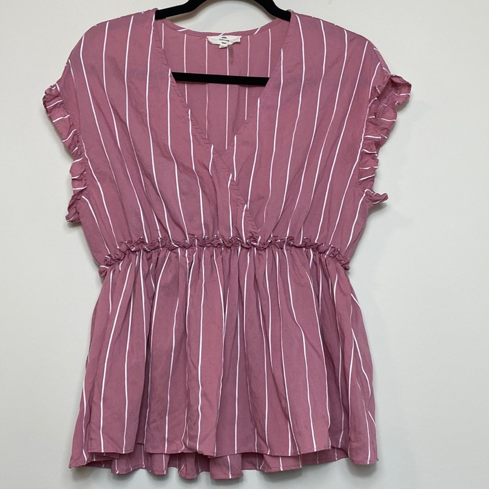 Entro Striped Peplum V Neck Top Size S